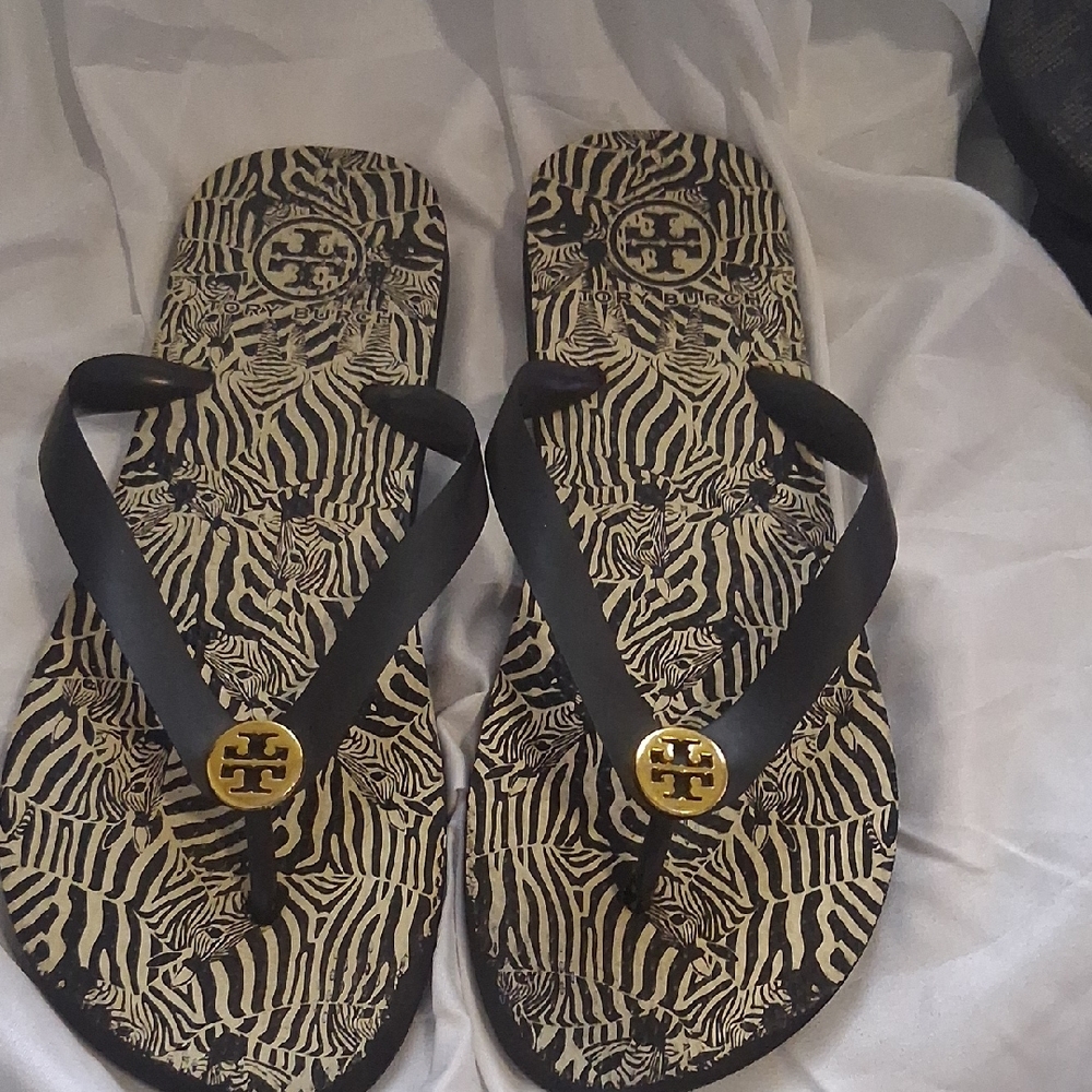 Tory Burch Black and Gold Zebra Flip Flops
